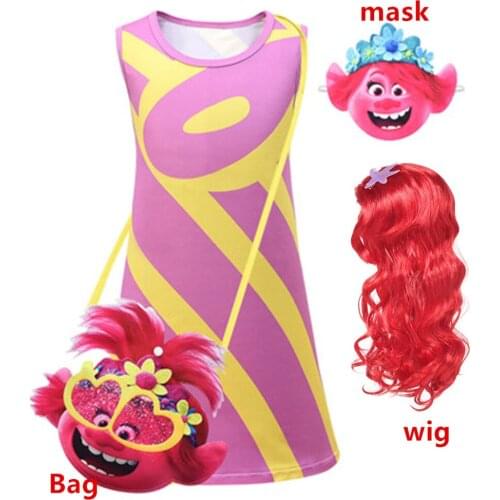 Retail Troll Wig +dress set Children Costumes For Girls Carnival Kids Costumes Dress Trolls Clothes Poppy Party vestido de festa