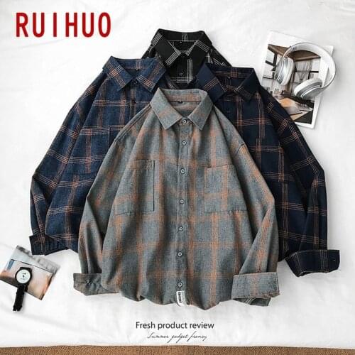 RUIHUO Plaid Casual Shirts For Men Clothing Black Plaid Shirt Men Long Sleeve Shirt For Men Fasion M-5XL 2021 New Arrival