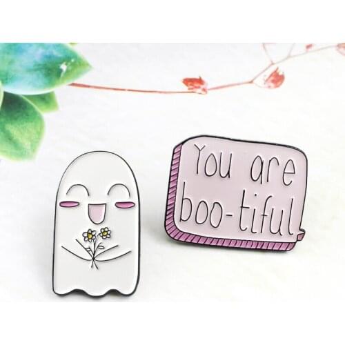 Cute White Ghost Brooch Doll Bouquet Dialog YOU ARE BOO-TIFUL Personality Enamel Pin Coat Leather Badge Gift For Lovers Girl