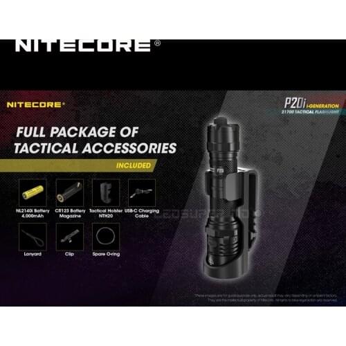USB-C Rechargeable NITECORE P20i 1800 Lumens i-Generation 21700 Tactical Flashlight with NL2140i 4000mAh Battery