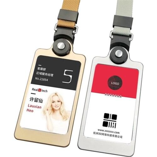 High-end Aluminum alloy Sign Label Tag Frame Badge Sleeve Name ID Card Case Metal Staff Mirror Neck Badge with Lanyard