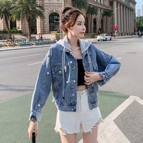 New Spring Autumn Korean Style Womens Coat Loose Beaded Pearls Hooded Detachable Long Sleeve Top Streetwear Denim Jacket