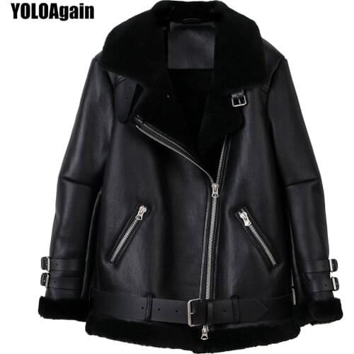 YOLOAgain ladies fur lining motorcycle shearling jacket women genuine leather jacket