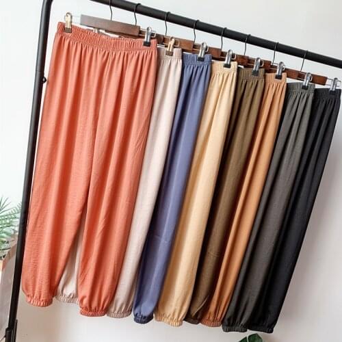 Casual Ice Silk Pants Women 2021 Spring Summer New Female Slacks Elastic Waist Solid Basic Loose Trousers Womens Harem Pants