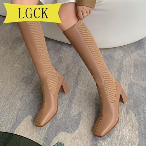 Plus Size 34-40 Fashion Knee High Boots Women Shoes Natural Genuine Leather Square Heels Riding Boots Zipper Ladies Long Boots