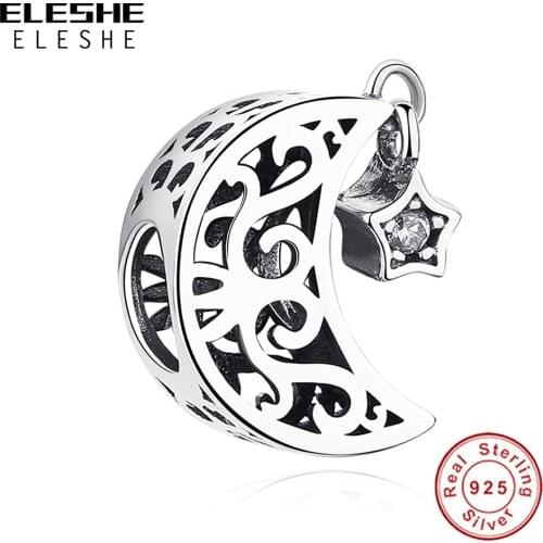100% 925 Sterling Silver Openwork Moon Star Charm Beads fit Charm Bracelet 925 Silver Original DIY Jewelry Gift