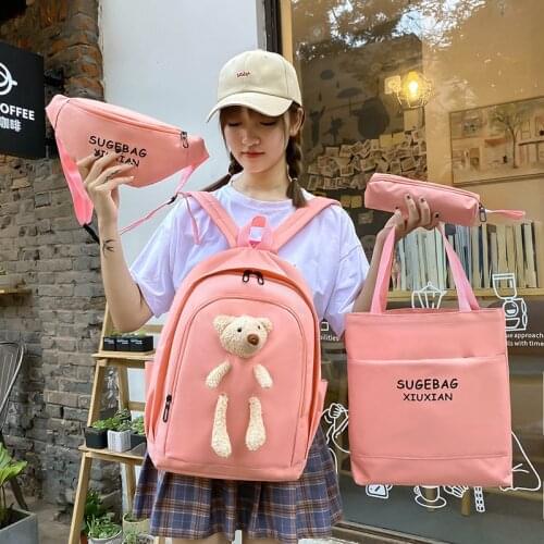 4Pcs/set Bear Canvas Cute School Bag for Teenagers Girls Student Larger Capacity Women School Backpacks Female Kawaii Book Bags