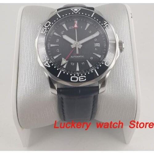 41mm no logo Luxury watch black dial Luminous saphire glass;Leather strap GMT Automatic mens Mechanical Watches-BA189