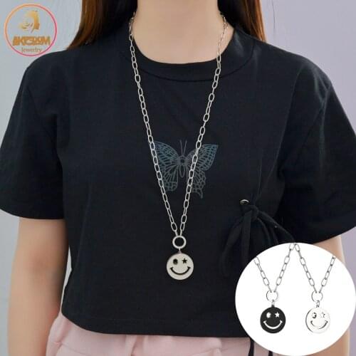 Akizoom Vintage Fashion 2-Sides Smiley Pendant Necklace Stainless Steel Link Chain for Women Charm Jewelry Hip Hop Party Gift
