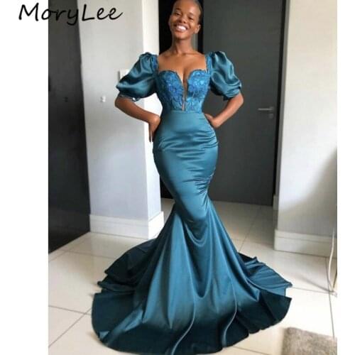 Prom Dresses Mermaid Short Sleeves High Quality Satin Pleated Lace Prom Dresses With Zipper Back vestidos de fiesta de noche