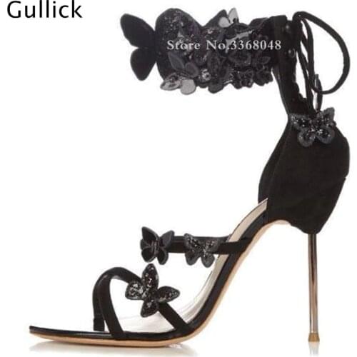 Fashion Colorful Butterfly Decor Ankle Wraped Woman Sandals Front Three Blue Straps Back Lace Up Sandals 10 CM High Thin Heels