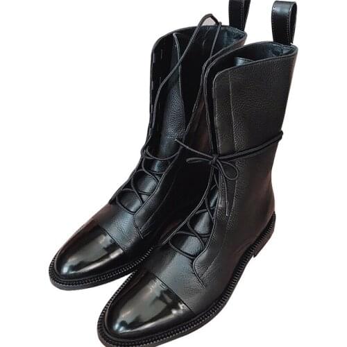Big Size 34-43 New Patent Leather British Style Flat Boots Black Pointed Toe Boots Handsome Motorcycle Boots Womens Boots