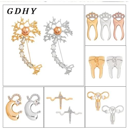 GDHY Neuron Medical Organ Brooch Gold Silver Stomach Uterus Nervous System Heartbeat Zircon Teeth Human For Doctor Nurse Gifts