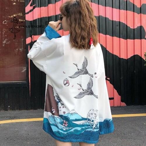 Yukata Women Japanese Kimono Cardigan Crane Printed Asian Clothes Casual Shirt Kimonos Femme Kimono Cosplay Blouses Coats Kawaii