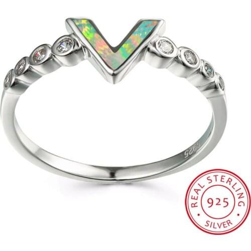 Cute Female Blue White Fire Opal Ring Minimalist 925 Sterling Silver V Letter Wedding Ring Promise Engagement Rings For Women