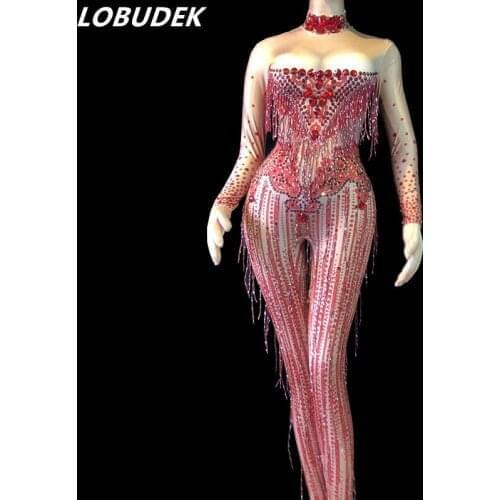 Red Silver Rhinestones Fringe Jumpsuit Bar Nightclub Female Singer Stage Costume Birthday Shiny Crystals Tassel Skinny Jumpsuits