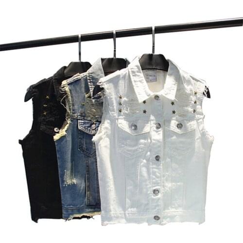2021 Fashion Pentagram Rivet Hole Womens Denim Vest Short Slim Summer Sleeveless Female Jeans Jacket Vintage Veste Femme Gilet