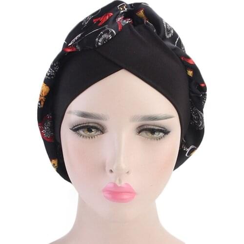 Hot Muslim Women Sleeping Stretch Silk Print Flower Turban Hat Chemo Beanies Caps Bandanas Headwear Cancer Hair Loss Accessories