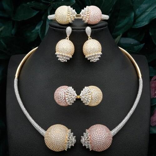 ModemAngel Luxury Delicate Ball Cubic Zirconia Copper 3 Tones Women Wedding Necklace Bangle Earring Ring Fashion Set