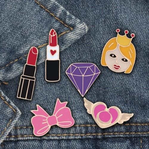 Fashion Brooch Pins Girl Cosmetics Lipstick Bow Love Wings Purple Stone Enamel Pins Skirt Accessories Women Gifts for daughter