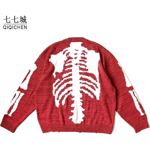 Mens Hip Hop Sweater Skeleton Bone Printing Oversized Woman High Quality Streetwear Damage Hole Vintage Punk 1:1Knitted Pullover