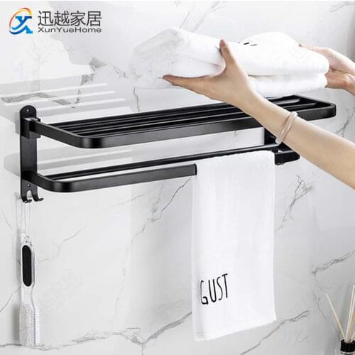 Towel Holder Punch-Free Hook Wall Fold Rack Bathroom Accessories Colthes Hanger Black 304 Stainless Steel Storage Shower Shelf