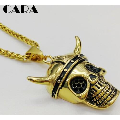 2021 New Gold color skeleton skull head pendant necklace mens 316L stainless steel skull horn helmet necklace fashion CARA0365