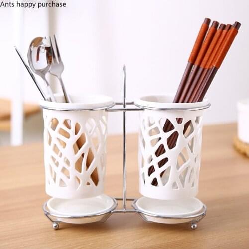 Chopsticks Double Tube Ceramic Chopstick Holder Hollow Out Drain Cage Two-piece Kitchen Tableware Storage Tank Storage Bottle