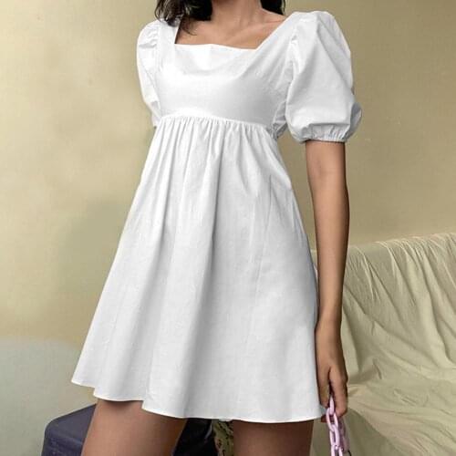 Dress Square Collar Puff Sleeve White Bandage Mini Casual Dress for Summer