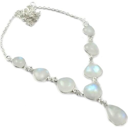 Genunie Rainbow Moonstone Necklace 925 Sterling Silver, 46 cm, MHBNE0133
