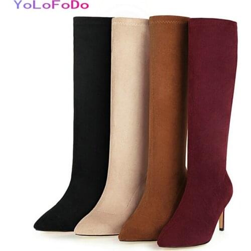 Plus Size 34-45 Faux Suede Women Knee High Boots High Quality Pointed Toe Thin High Heel Calf Boots Autumn Winter Womans Shoes