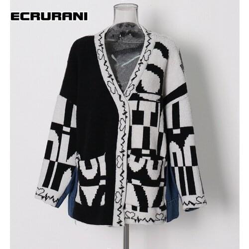 ECRURANI Print Patchwork Sweater For Women V Neck Long Sleeve Loose Pockets Casual Open Stitch Sweaters Female 2021 New Clothing