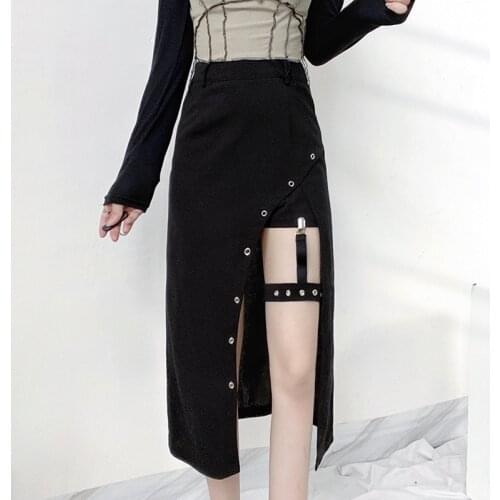Leg Loop High Waist Skirt Casual Sexy Irregular Fashion Elegant Skirt 2021 Summer High Side Split Party Streetwear Solid Skirt