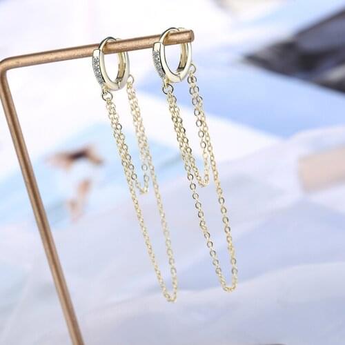 Womens Bohemia Heartstringing Long Tassel Hoop Earrings Two-Row Chain Crystal Dangle Earring Small Charming Earring Jewelry