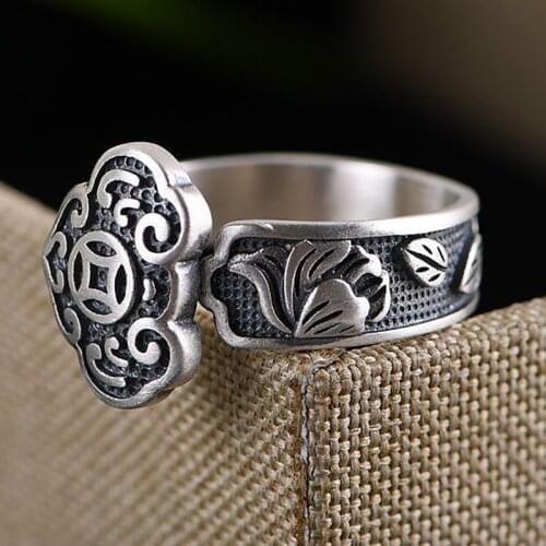 S925 silver retro fashion wishful ingot pattern exaggerated temperament opening adjustable womens ring