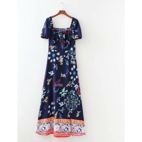 New Women Vintage Printed Dress Square Neckline Short Puff Sleeves Slit Casual Maxi Dresses Woman Robe