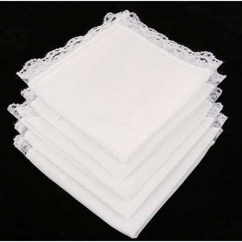 5 Pieces Ladies Embroidery Cotton Handkerchiefs Lace Border White Hanky for Wedding Party Banquet
