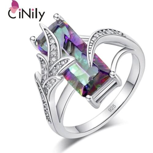 CiNily Rainbow Mystic Zirconite Rings Silver Plated Luxury Large Ring With Stone Bohemia Boho Jewelry Female Gifts Size 11 12