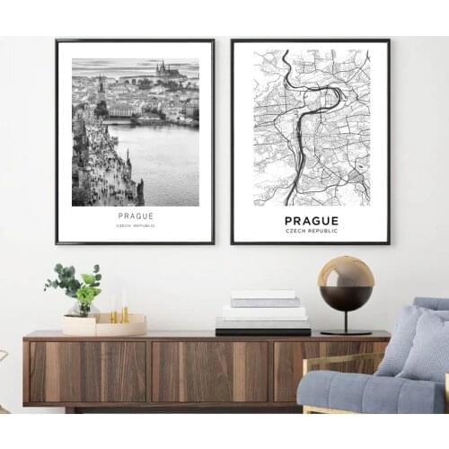 Prague City View Black and White Photography Art Prints Travel Poster , Prague City Map Canvas Painting Living Room Wall Decor