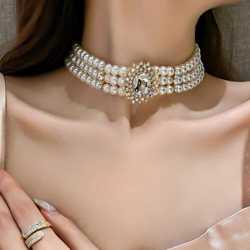 Luxury Retro Vintage Palace Multilayer Pearl Choker Necklaces for Women Oval Geometric Crystal Necklace Weddings Bride Jewelry