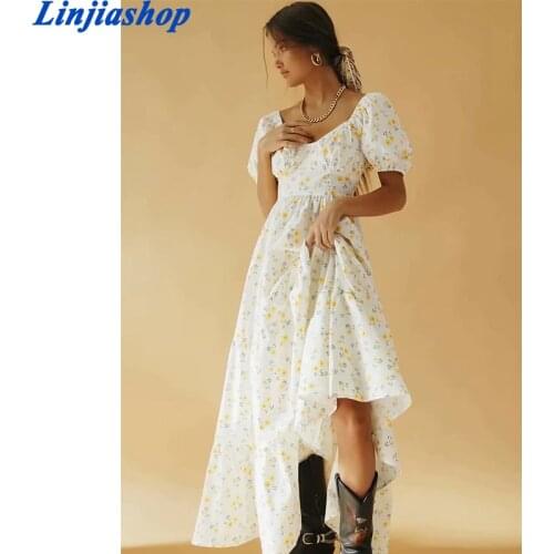 Flower Print Long Dress Elegant Puff Short Sleeve Back Cross A-line Dress Vintage Sheath Princess Dress Party Girl Summer