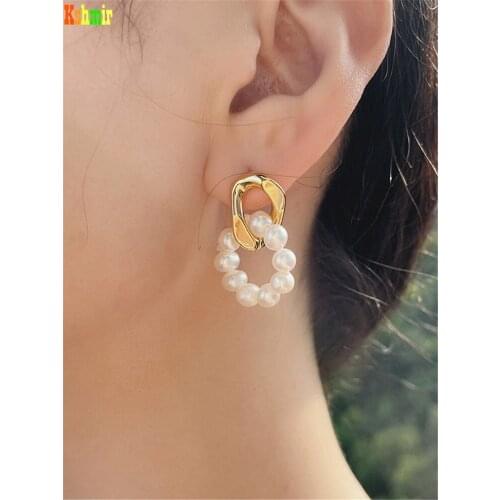 Kshmir French geometric chain round natural pearl pendant earrings womens new retro irregular pearl earrings jewelry gift 2021