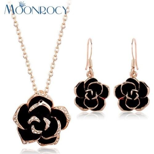MOONROCY Free Shipping black Rose flower crystal necklace and earrings jewelry set Rose Gold Color for women Gift