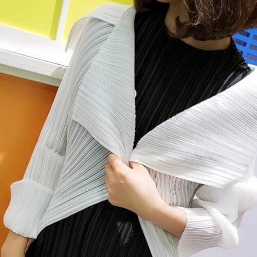 HOT SELLING Miyake fold fashion turn-down collar long sleeve solid single button coat IN STOCK