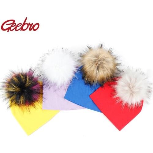 Geebro Hotselling Newborn baby Solid Color Beanies hats With Faux fur pompom New Girls Boys Kids Soft Cute Wool skully hats