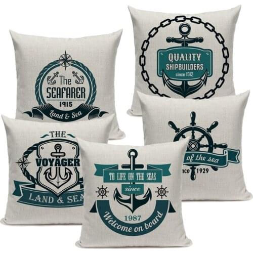 Sea Blue Helm Printed Cushion Cover Anchor Pattern Marine Cottom Throw Pillow Case New Year Decorative Pillowcase