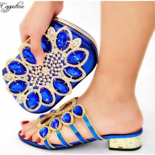 Latest Royal Blue African Women Shoes And Bag Set to Match Ladies Medium Heels 3CM Slippers And Purse Handbag Pantuflas CR0730