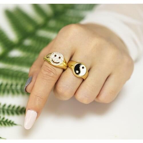 New Ins Creative Simple Gold Smile Face Hollow Out Ring Yin Yang Open Rings For Women Girls Fashion Copper Zircon Jewelry