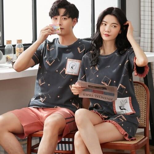New Fashion O-neck Couple Pajamas Set Women Men Summer Nightwear 100% Cotton Plus Size Cute Cartoon Short Sleeve Home Sleepwear