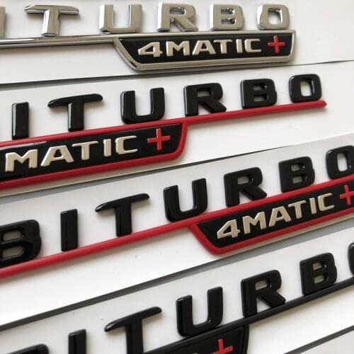 Flat Letter Emblem for Mercedes Benz BITURBO 4MATIC+ Red Plus Car Styling Fender Badge Doulbe Turbo Sticker Chrome Black Red